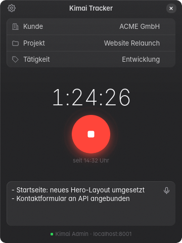 Kimai Tracker mit laufendem Timer im dunklen Design